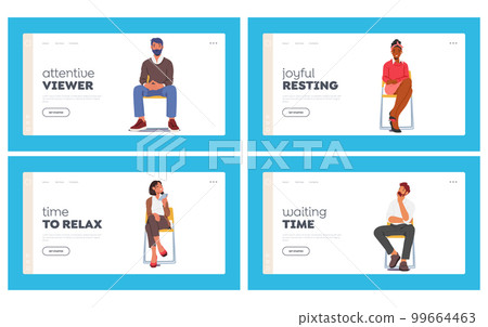 People Sitting On Chairs Landing Page Template Set. Male and Female Characters With Different Facial Expression 99664463