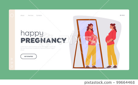 Happy Pregnancy Landing Page Template. Pregnant Woman With Hands On Belly Looks At Herself In Mirror Vector Illustration 99664468