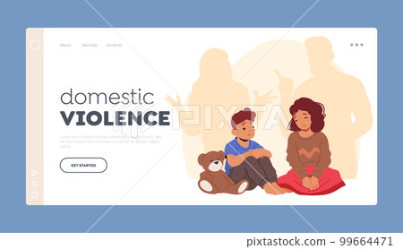 Domestic Violence Landing Page Template. Innocent Children Sitting on Floor. Dispute, Emotional Distress 99664471