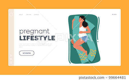 Pregnant Lifestyle Landing Page Template. Woman Sleeping With Special Pillow That Accommodates Shape Of Baby Bump 99664481