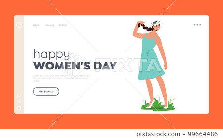 Happy Womens Day Landing Page Template. Beautiful Girl Wearing Flower Wreath On Head and Summer Dress 99664486