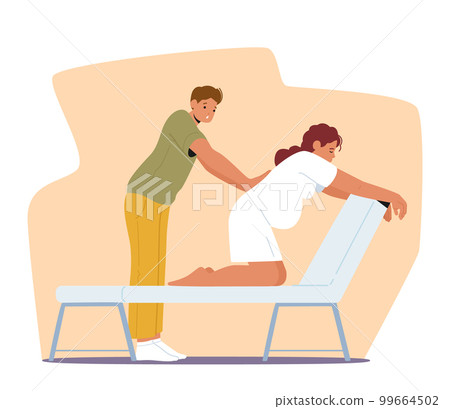 Expectant Couple Characters Preparing For Childbirth In Clinic. Husband Providing Soothing Back Massage To Pregnant Wife 99664502