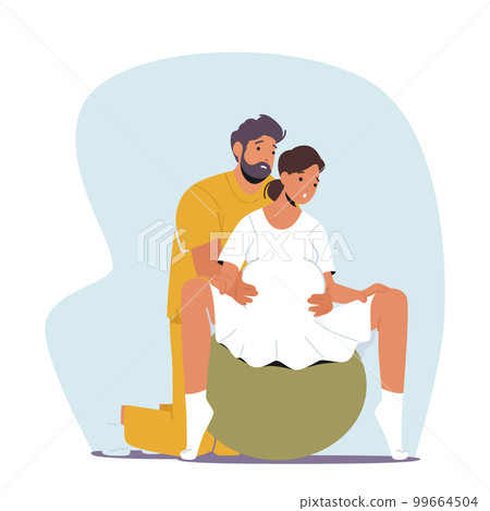 Expecting Couple In Clinic Prepare For Childbirth Using Fitness Ball. Pregnant Woman And Partner Characters Expecting Couple In Clinic Prepare For Childbirth Using Fitness Ball. Pregnant Woman And Partner Characters 99664504