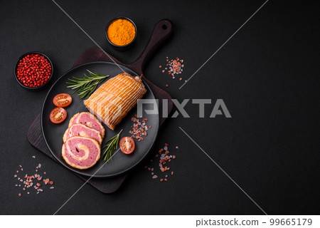 Delicious roll with meat, cheese, mushrooms, spices and herbs 99665179