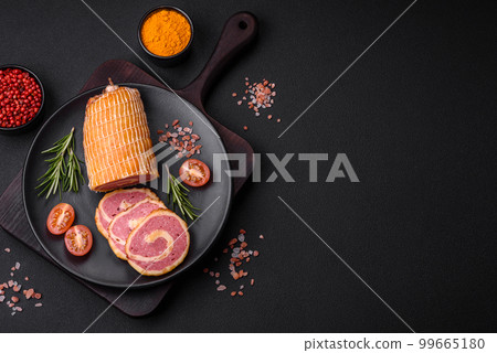 Delicious roll with meat, cheese, mushrooms, spices and herbs 99665180