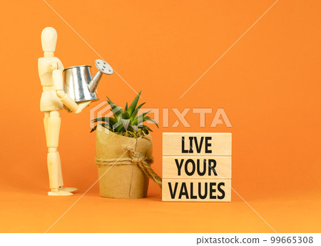 Live your values symbol. Concept words Live your values on wooden blocks. Businessman model. Beautiful orange table orange background. Business, psychological and live your values concept. Copy space. 99665308