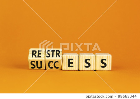 Restress for success symbol. Concept words Restress and Success on wooden cubes. Beautiful orange table orange background. Business restress for success concept. Copy space. Restress for success symbol. Concept words Restress and Success on wooden cubes. Beautiful orange table orange background. Business restress for success concept. Copy space. 99665344
