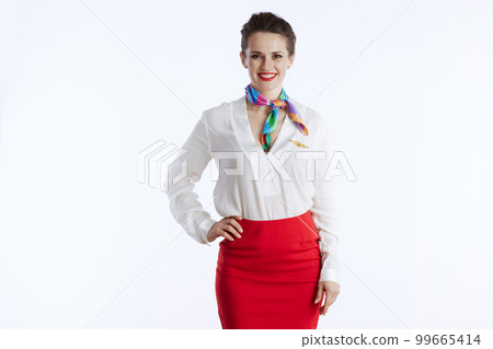 happy modern flight attendant woman on white happy modern flight attendant woman on white 99665414