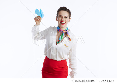 happy stylish stewardess woman on white 99665428