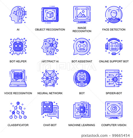 Artificial Intelligence web flat line icons set. Pack outline pictogram of image recognition, face detection, machine learning concept. Vector illustration of symbols for website mobile app design Artificial Intelligence web flat line icons set. Pack outline pictogram of image recognition, face detection, machine learning concept. Vector illustration of symbols for website mobile app design 99665454