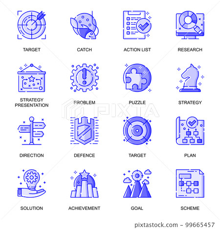 Business Strategy web flat line icons set. Pack outline pictogram of goal achievement, management, development, career at company concept. Vector illustration of symbols for website mobile app design Business Strategy web flat line icons set. Pack outline pictogram of goal achievement, management, development, career at company concept. Vector illustration of symbols for website mobile app design 99665457