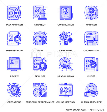People Management web flat line icons set. Pack outline pictogram of cooperation, business strategy, head hunting, management concept. Vector illustration of symbols for website mobile app design 99665471
