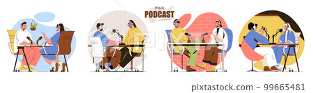 This is Podcast concept scenes set. People in headsets talking in studio, broadcasting live or recording conversation. Collection of human activities. Vector illustration of characters in flat design 99665481