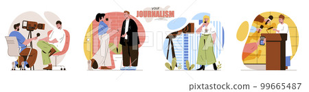 Your Journalism concept scenes set. Journalists interviewing, reporters reporting, news programs, press conferences. Collection of people activities. Vector illustration of characters in flat design Your Journalism concept scenes set. Journalists interviewing, reporters reporting, news programs, press conferences. Collection of people activities. Vector illustration of characters in flat design 99665487