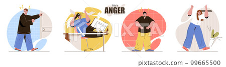 This is Anger concept scenes set. Aggressive men and women screams. Negative emotions, problems, feelings expression. Collection of people activities. Vector illustration of characters in flat design 99665500