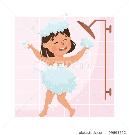 Cute girl taking shower. Happy kid doing everyday hygiene activities cartoon vector illustration 99665832