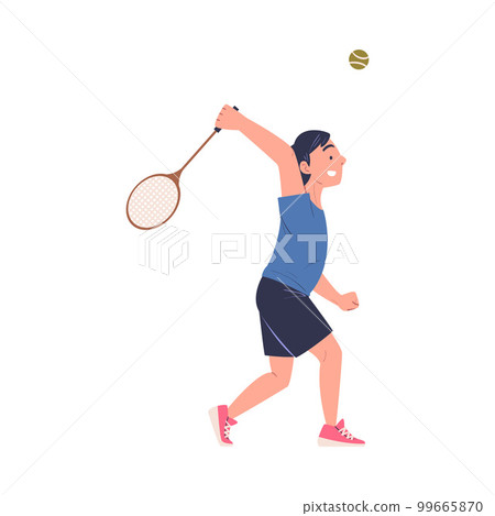 Happy teenage boy playing tennis. Teenager beating tennis ball with racket playing sports game cartoon vector illustration 99665870