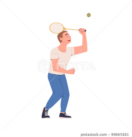 Happy teenage boy playing tennis. Smiling teenager beating tennis ball with racket playing sports game cartoon vector illustration 99665881