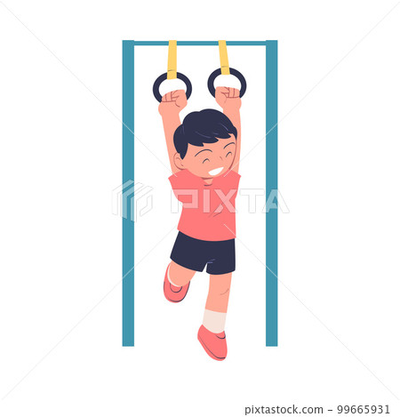 Little Smiling Boy Hanging on Rings Being at Kindergarden Playground Vector Illustration 99665931