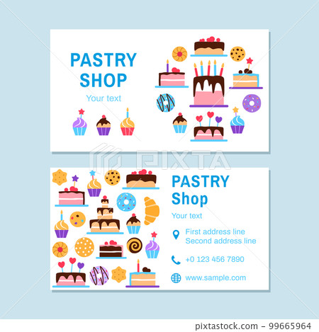 Pastry shop business card template. Baked healthy food visit card design. Bright colorful flat dessert snack elements donut cake muffin croissant for confectionery, sweet shop cafe vector illustration 99665964