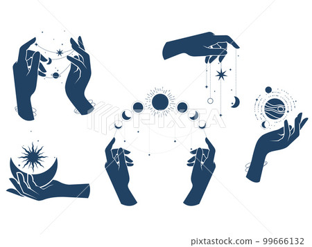 Magic, wizardry and astrology, tarot fortune-telling, woman hands doing magic spells with moon and stars, sorcery, vector 99666132