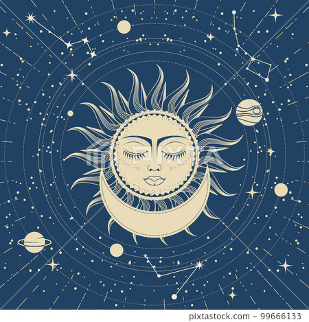 Sleeping sun with closed eyes over crescent, astrology, planets on orbits in space, sun face and constellations, tarot magic, vector 99666133