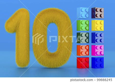Fluffy 10 with ten colorful building toy blocks, 3D rendering 99666245