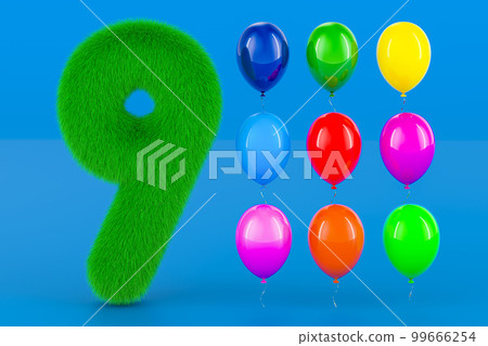 Fluffy number 9 with nine colored balloons, 3D rendering Fluffy number 9 with nine colored balloons, 3D rendering 99666254