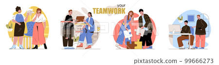 Teamwork concept scenes set. Employees work together in office, team collaborates on project, business communication. Collection of people activities. Vector illustration of characters in flat design Teamwork concept scenes set. Employees work together in office, team collaborates on project, business communication. Collection of people activities. Vector illustration of characters in flat design 99666273