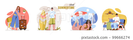 Summertime concept scenes set. Men and women waiting at airport, vacation to sea resort, sunbathing on beach, surfing. Collection of people activities. Vector illustration of characters in flat design Summertime concept scenes set. Men and women waiting at airport, vacation to sea resort, sunbathing on beach, surfing. Collection of people activities. Vector illustration of characters in flat design 99666274