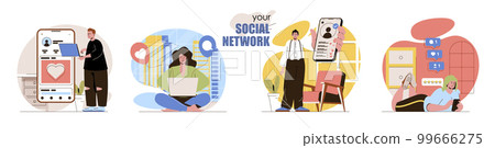 Social network concept scenes set. Men and women have online profiles, chatting, post photos, collect likes, feedback. Collection of people activities. Vector illustration of characters in flat design Social network concept scenes set. Men and women have online profiles, chatting, post photos, collect likes, feedback. Collection of people activities. Vector illustration of characters in flat design 99666275
