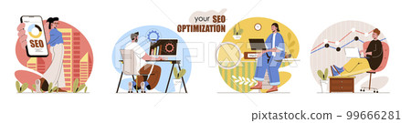 Seo optimization concept scenes set. Search settings, data analysis, increase traffic, marketing, online advertising. Collection of people activities. Vector illustration of characters in flat design 99666281