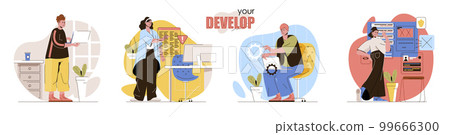 Develop concept scenes set. Developers coding, programs development, testing software, optimization applications. Collection of people activities. Vector illustration of characters in flat design Develop concept scenes set. Developers coding, programs development, testing software, optimization applications. Collection of people activities. Vector illustration of characters in flat design 99666300