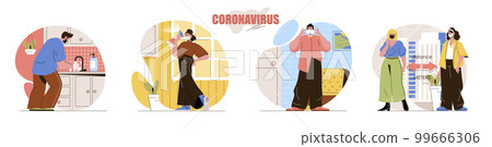 Coronavirus concept scenes set. Prevention methods, disinfection, protective masks, keep social distance, quarantine. Collection of people activities. Vector illustration of characters in flat design 99666306
