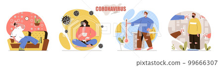 Coronavirus concept scenes set. People wearing protective masks, fever is symptom of disease, pandemic covid-19. Collection of human activities. Vector illustration of characters in flat design 99666307