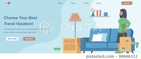 Choose Your Best Travel Vacation web banner concept. Woman with luggage going on journey, trip, travel around the world landing page template. Vector illustration with people characters in flat design Choose Your Best Travel Vacation web banner concept. Woman with luggage going on journey, trip, travel around the world landing page template. Vector illustration with people characters in flat design 99666312