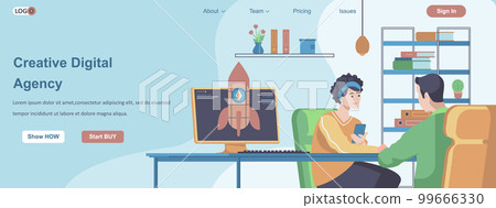 Creative Digital Agency web banner concept. Teamwork in office, business promotion with online advertising company landing page template. Vector illustration with people characters in flat design 99666330