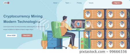 Cryptocurrency Mining Modern Technologies web banner concept. Mining farm for processing payment system transactions landing page template. Vector illustration with people characters in flat design 99666336