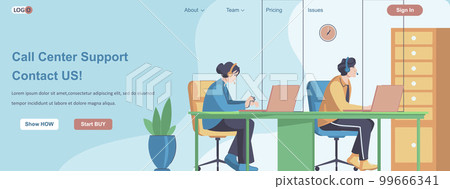 Call Center Support Contact Us web banner concept. Tech service operators consulting clients, hotline employees work landing page template. Vector illustration with people characters in flat design 99666341