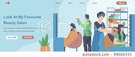 Look at my Favorite Beauty Salon web banner concept. Hairdressers stylists making haircut and hair styling to clients landing page template. Vector illustration with people characters in flat design 99666342