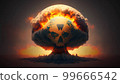 Radiation sign, death and skull symbol. Nuclear explosion, atomic bomb. War, danger and apocalypse concept. Mushroom cloud in the sky. Generative AI 99666542