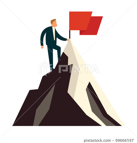 Success man standing on top of mountain with flag Success man standing on top of mountain with flag 99666597