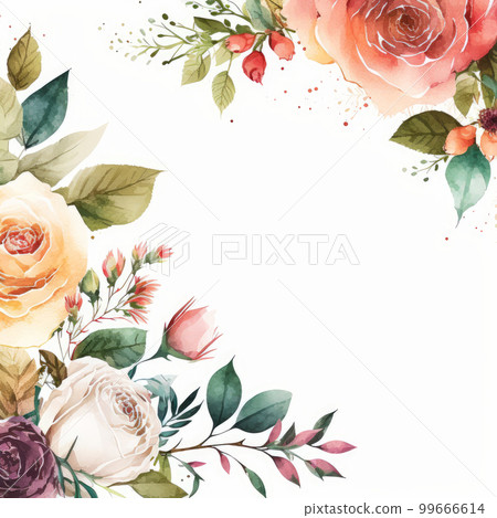 Floral watercolor border background with Roses on pure background. Illustration AI Generative 99666614