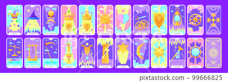 Tarot cards flat deck cartoon. Taro card major arcanas occult vector game set. Full pack of spiritual signs with esoteric magic and astrology symbols. Isolated colored graphic illustrations EPS 99666825