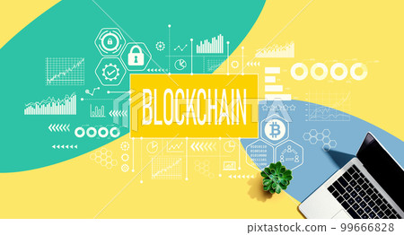 Blockchain theme with a laptop computer 99666828