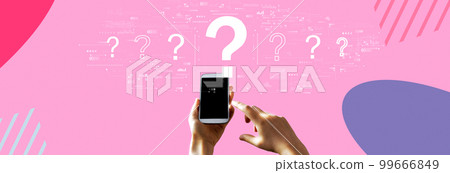 Question marks with person using smartphone Question marks with person using smartphone 99666849