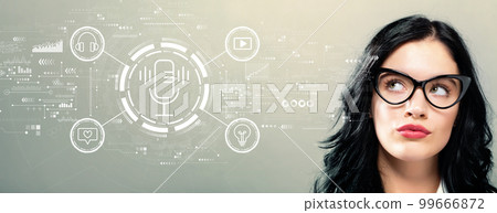 Podcast theme with young businesswoman 99666872