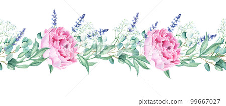 Horizontal watercolor floral seamless border pattern. Pink peonies, eucalyptus, lavender, gypsophila. Hand drawn botanical illustration. Can be used for fabric, packaging prints, frames, adhesive tape 99667027