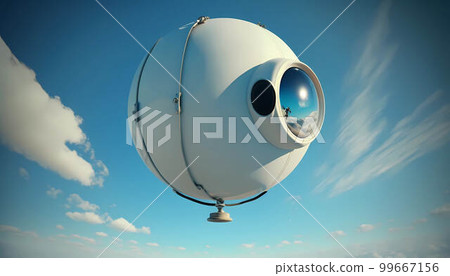Spy balloon fly in the blue sky. White military airship or UFO. Generative AI illustration 99667156
