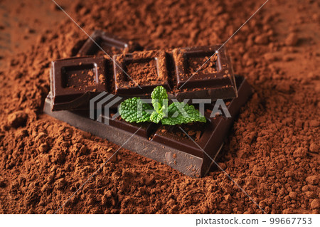 Dark and milk chocolate with nuts on a dark background sprinkled with cocoa powder. Dark and milk chocolate with nuts on a dark background sprinkled with cocoa powder. 99667753